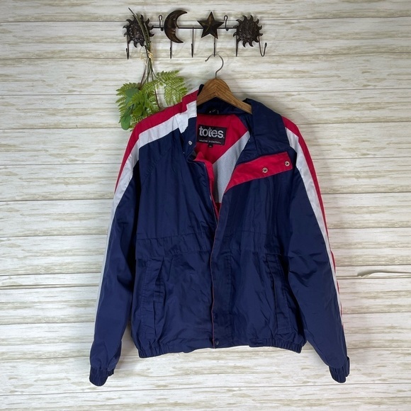 Totes Americana Red White Blue 90’s Windbreaker Rain Slicker - Picture 1 of 5